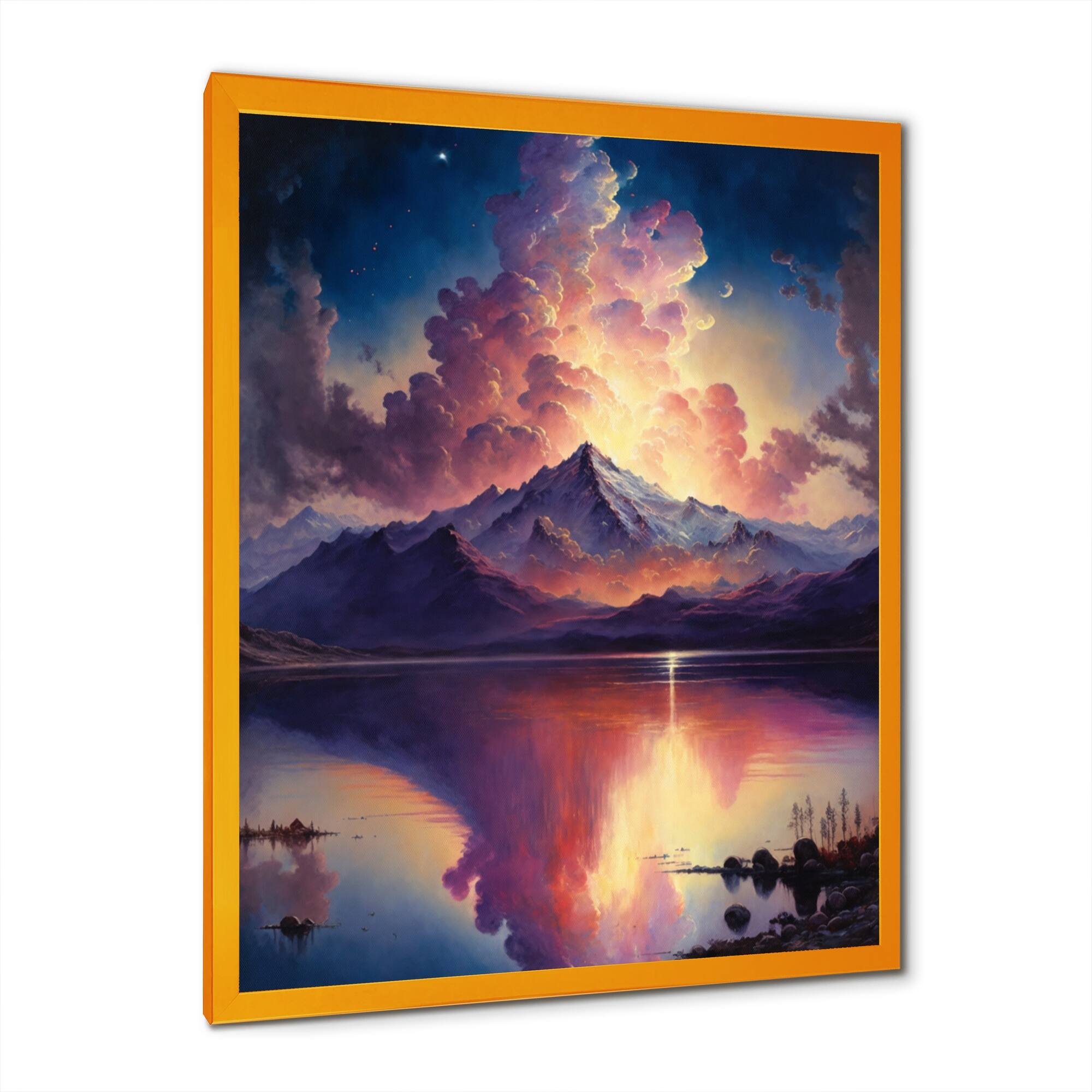 Designart "Glorious Magenta Sunset Over The Lake" Landscape Mountains